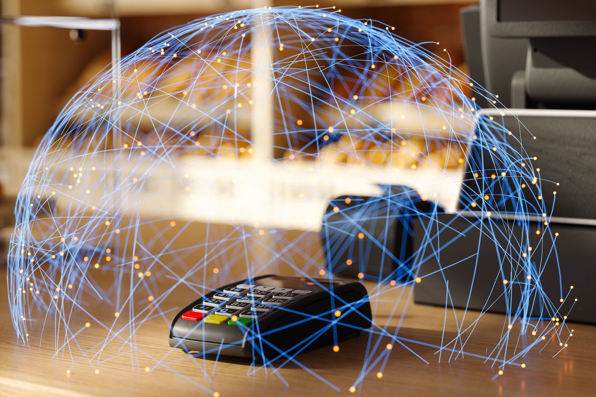 Close-up Of POS Terminal Covered With Plexus Lines And Connection Dots